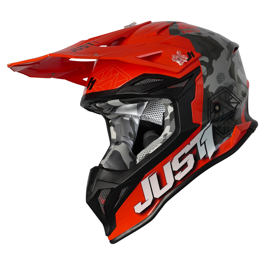 Шлем (кроссовый) JUST1 J39 KINETIC Hi-Vis камуфляж/серый/оранжевый глянцевый (2021)
